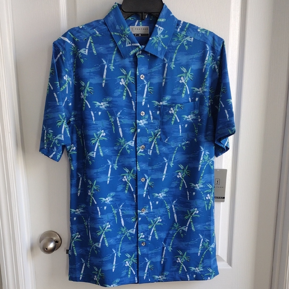 PGA TOUR Mens Short Sleeve Regular Fit Button-Down Shirt. Size S